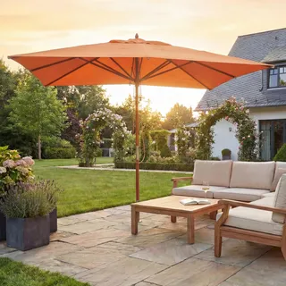 Gastronomie Holz-Sonnenschirm HWC-C57, Gartenschirm, Polyester/Holz 14kg, eckig 3x3m Seilzug stoßsicher terracotta - Orange