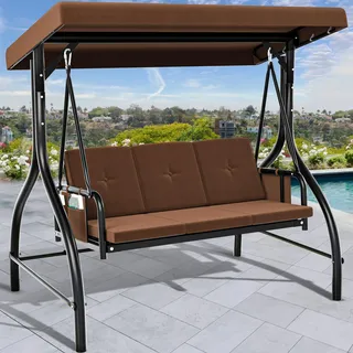YITAHOME Hollywoodschaukel, 3-Sitzer Gartenschaukel mit Liegefunktion mit Verstellbarem Baldachin und Abnehmbarem Kissen, Geeignet für Erwachsene im Garten, Pool, Balkon, Braun