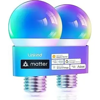 Linkind Matter Smart RGBTW Glühbirne, E27 Lampe Alexa, 45 Szenen & Musiksync, 16 Mio. Farben, Matter über 2.4GHz WiFi, A60 LED Birne kompatibel mit Apple Home/Siri/SmartThings/Google Home, 2 Stück