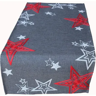 Raebel OHG Tischläufer Stickerei Sterne Schneesterne Mitteldecke Weihnachten Deko Weihnachtstischdecke (dunkelgrau-rot-Silber, 40 x 85 cm)