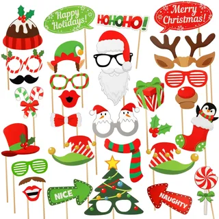 Weihnachts Foto Requisiten,32 teiliges Set mit Weihnachts Selfie Requisiten und Partydeko,Weihnachtsrequisiten für Fotoshootings für Erwachsene Kinder, lustige DIY Party Requisiten für Weihnachtsdeko