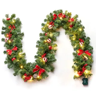 JOIEDOMI 2,7 m lange Weihnachtsgirlande mit Lichtern, warmweiße LED-Weihnachtsbaumgirlande mit 8 Beleuchtungsmodi, verziert mit Tannenzapfen, Schleifen, Weihnachtskugeln und Beeren für Fenster, Tür