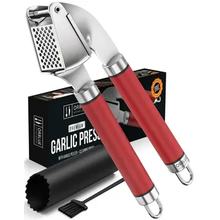 ORBLUE Knoblauchpresse Edelstahl Rot – Premium Knoblauchpresse & Knoblauchreibe – Garlic Press mit Silikon-Schäler & Bürste, Robust, Ergonomisch & Spülmaschinenfest