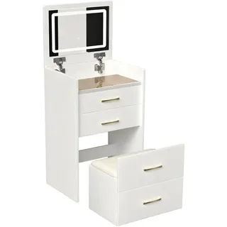 Urban Meuble Schminktisch 3-in-1 Nachttisch (60 cm) in Weiß mit Klappspiegel, Glasplatte & Hocker , Metall , Rechteckig,Rechteckig , 60x118x40 cm , Kleinmöbel, Kommoden, Kommoden