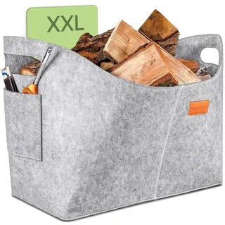 Praknu Kaminholzkorb Filz XXL (60L) – Extra Dicker 5mm Filzkorb Groß - Standfester Holzkorb für Kaminholz - 100% Recycelte Kaminholztasche mit Seitentasche & Verstärkten Griffen - Grau