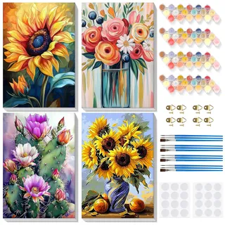 Lxmsja 4 Stück Malen Nach Zahlen Erwachsene mit Rahmen, Malen Nach Zahlen Blumen, Diy Set Erwachsene mit Pinseln und Acrylfarben Handgemalt Ölgemälde Leinwand für Home Décor, 20x30 cm
