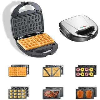 OKYUK Sandwichmaker mit 6 wechselbaren Platten, 750W Sandwichtoaster Waffeleisen mit Antihaftbeschichtung für Frühstück, Panini und Grillen