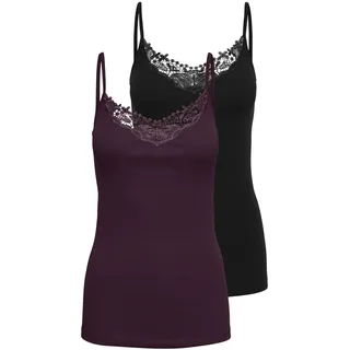 Spitzentop ONLY "ONLKIRA – Doppelpack mit Spitzendetail für feminine Looks", Damen, Gr. XS (34), schwarz pack:port royale, Jersey, Obermaterial: 100% Baumwolle, unifarben, figurbetont normal, V-Ausschnitt, Tops Spitzentop, figurbetont, modisch, Jersey, Baumwolle, V-Ausschnitt