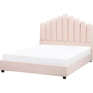 BELIANI Polsterbett Pastellrosa Samt mit Lattenrost 140 x 200 cm Hohes Muschel-Kopfteil Glamourös Muschelbett Doppelbett Schlafzimmer - Rosa, Schwarz