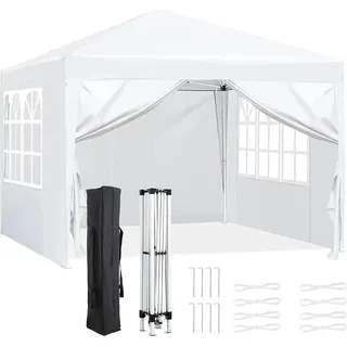 Faltpavillon - 3x3 m Partyzelt - Seitenwände & Fenster - Höhe verstellbar 176–200 cm - Stahlgestell - PVC-beschichtetes Oxfordgewebe - Rolltasche - Weiß