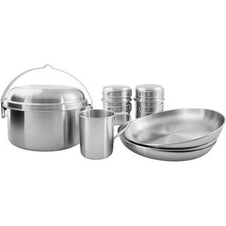 Tatonka Camping-Kochgeschirr Picnic Set III (10-teilig) - Edelstahl-Geschirr fürs Picknick zu dritt - Mit Topf, Pfanne, Tellern und Bechern (inkl. Deckel) - Schadstofffrei & lebensmittelecht