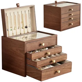 Baolivi Schmuckkasten aus Holz für Schmuckaufbewahrung, Massivholz Schmuckkästchen Schmuckbox Holz mit Glasabdeckung und Halskettenhalter, 4 Ebenen Schmuckschatulle Groß für Ringe, Halskette
