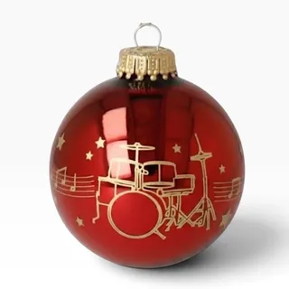 Weihnachtskugel Schlagzeug aus Glas Ø 7cm - Notenzeile Kling Glöckchen | Rote Christbaumkugel mit Schlagzeug & spielbarer Notenzeile – goldfarbener Siebdruck, Made in Germany , Geschenk für Musiker