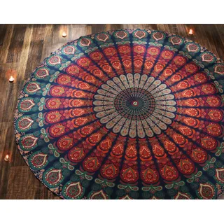 RAJRANG BRINGING RAJASTHAN TO YOU Boho Mandala Roundie Gypsy Hippie Tapisserie dekorative Baumwolle Tischdecke Meditation Yoga Matte Goldblau 183 cm