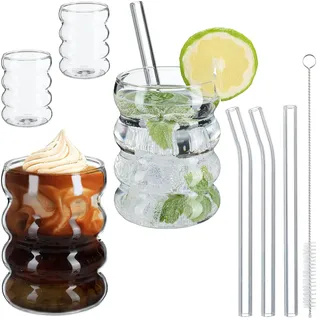 Relaxdays Trinkgläser 4er Set, Wassergläser, gewellt, spülmaschinenfest, Strohhalme, für Eiskaffee, 350 ml, transparent