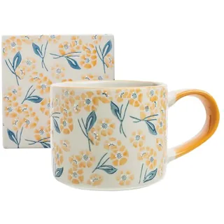 Tranquillo Set 2-teilig - Keramik-Tasse & Untersetzer VINTAGE GARDEN Orange für Kaffee, Tee, Kakao, Cappuccino Kaffeebecher aus Steingut - 400 ml, Untersetzer - 10x10x0,5 cm.