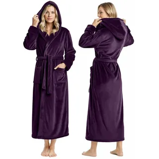 NY Threads Women Fleece Hooded Bathrobe - Plush Long Robe (Medium, Plum)