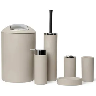 6tlg Badset Badezimmer Zubehör Set Organizer: Seifenspender, Zahnputzbecher, Kosmetikeimer, WC Bürste und Halter, Seifenschale, Mülleimer, Zahnbürstenhalter, Badgarnitur (Beige Design 2a)