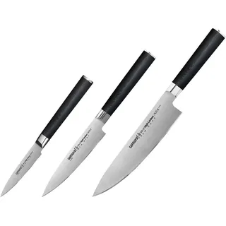 SAMURA MO-V Profi Messer Geschenk Set Ultra-scharf, aus japanisch AUS 8 Edelstahl, 18 cm Klinge, mit G10 Handgriff aus Carbon - Silber