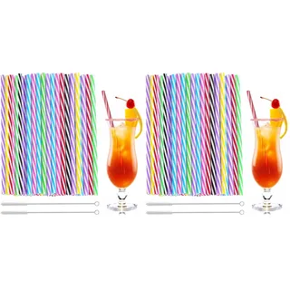 100 Stück Strohhalme Plastik, Trinkhalme Plastik Strohhalme Wiederverwendbar mit 2 Strohhalmbürste für Smoothies, Saft, Heißgetränk und Cocktail, Regenbogenstreifen (Packung mit 2)