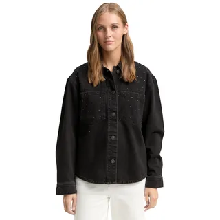 Jeansjacke TOM TAILOR DENIM, Damen, Gr. L, schwarz stone wash denim, Denim/Jeans, Obermaterial: 100% Baumwolle, unifarben, regular fit normal, Manschette, Jacken Jeansjacke, mit Strasssteinen