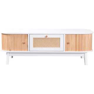 Urban Meuble Couchtisch weiß & holz-optik mit rattan-schublade & massivholz-schiebetüren , Weiß , Holzwerkstoff , 1 Schubladen , Oval,Oval , 110x38.5x55 cm , Wohnzimmer, Wohnzimmertische, Couchtische
