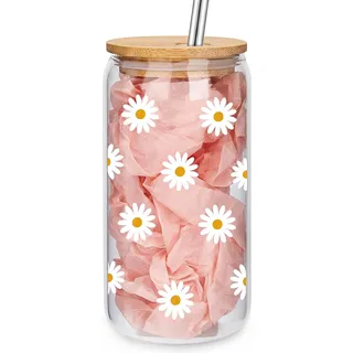 SHOFUL Niedliche Trinkbecher mit Deckel und Strohhalm, Gänseblümchen-Eiskaffee Smoothie Matcha Becher, Weihnachts- oder Geburtstagsgeschenk für Frauen, Schwester, Freundin, Teenager-Mädchen