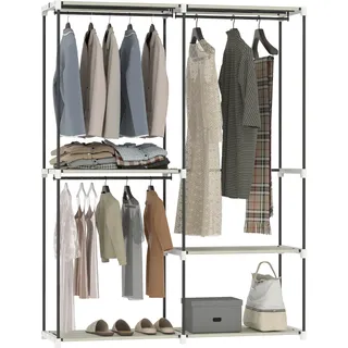 Offener Kleiderschrank - Garderobe - 4 Stoffablagen - 3 Kleiderstangen - Metallrahmen - 142 x 43 x 185 cm - Elfenbein