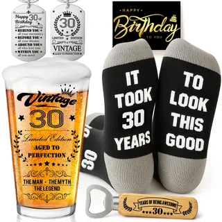 Joybble Geschenke zum 30. Geschenke für Männer, Personalisierte Bierglas mit Gravur, 30-Bierglas in Fassbox 470ml, Deko 30 Geburtstag mit Geburtstagskarte, Lustige Geschenkideen, Flaschenöffner