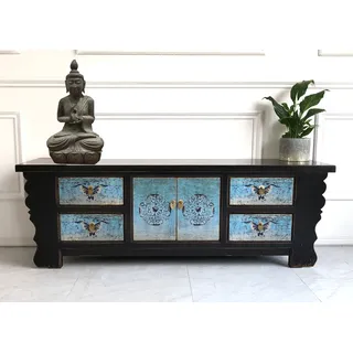 Chinesisches Lowboard Sideboard Kommode Schrank Möbel asiatisch orientalisch chinesisch Büffet Anrichte schwarz-türkis China Shabby Chic Vintage Holz - Schwarz, Türkis