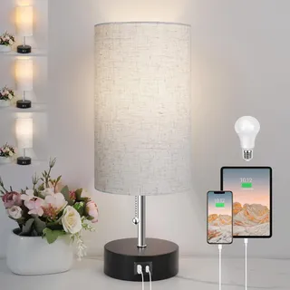 ROTTOGOON 3 Farben Temperatur Nachttischlampe mit USB A und C Anschluss Tischlampe für Schlafzimmer mit LED Glühbirne Kleine Lampen für Wohnzimmer (Otmeal)