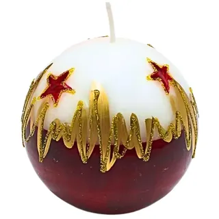 Edle Kugelkerze, Tischkerze, Dekokerze, Wachskerze mit Weihnachtsmotiv, Weihnachtskerze als Kugel 8 cm Christstern, in weiß, rot und gold.