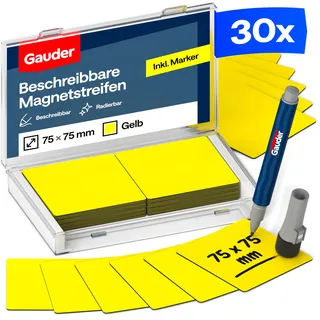 GAUDER Magnetetiketten beschreibbar - Wiederverwendbare Magnetschilder zum Beschriften für Whiteboard, Tafel, Kanban-Board und Kühlschrank - Magnetkarten mit Marker (30 Stück - 75 x 75 mm)