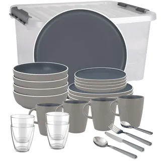BRUNNER Camping-Geschirr-Set (12 16 oder 36-TLG) Trilogy Dark Stonetouch | Antislip (Antirutsch), 2-4 Personen, wie Steingut (StoneTouch), Bruchfest, Teller & Schüsseln, Wohnmobil Wohnwagen Boot