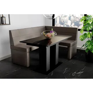 Eckbankgruppe 168x128 cm BLAKE L Kunstleder Dunkelbraun / Esstisch DANTE Schwarz