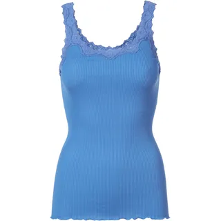 Spitzentop ROSEMUNDE "Babette Silk Top mit Seide", Damen, Gr. XS, blau (himmelblau), Feinripp, Obermaterial: 70% Seide, 30% Baumwolle, unifarben, körpernah hüftbedeckend, Rundhals, Tops Spitzentop, umgedrehter Vintage-Spitzenbesatz, feminin, bequem, Seidenmix