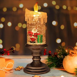 BELLE VOUS Schneekugel Kerze Weihnachten - Schneelaterne mit Weihnachtsbaum LED Kerze (26x10cm) - Weihnachtsdeko Innen Beleuchtet mit Wasser & Glitzer Gefüllte Bronze Laterne – Weihnachts Tischdeko