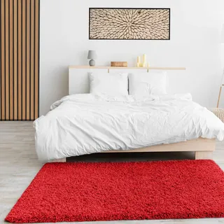 VIMODA Prime Shaggy Hochflor Langflor Teppich Einfarbig Modern Rot Hochflor für Wohnzimmer, Schlafzimmer, Maße:100x200 cm