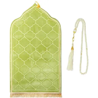 CRFASIBE Muslimischer Gebetsteppich Set mit Tesbih Gebetskette, Flanell Gebetsmatte, Islamische Sajadah Geprägte Gebetsteppich mit Fransen, Eid Ramadan Mubarak Geschenk Set(Grün)