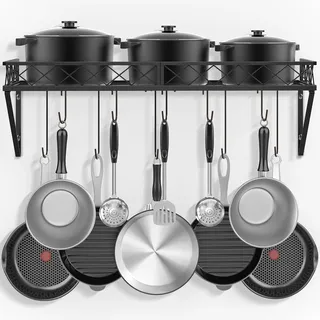 Bomclap Küchenregal Pfannenhalter, Eisen Küchenregal Hängend Topf-Rack mit 10 Haken, Küchenwand Regal Pfannen Regal für Töpfe und Pfannen, 70 x 28 x 23cm, Schwarz