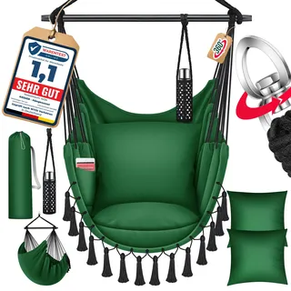 KESSER® Hängesessel mit 2 Kissen Getränkehalter & Bücherfach - Safari XXL Hängestuhl für Erwachsene & Kinder Hängematte bis 150 kg Hängesitz Aufhängung Indoor & Outdoor Wohn & Garten Terrasse - Grün