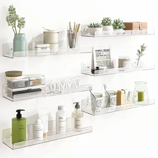 BAKAJI Set mit 6 transparenten Kunststoffregalen für die Wand, modernes Design, Mehrzweck-Wandregal, Organizerregal für Schlafzimmer, Wohnzimmer, Küche, Badezimmer, platzsparendes Bücherregal, 38 x 0