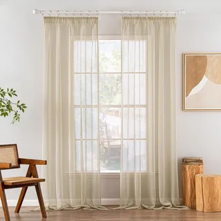 Miulee Gardinen Vorhänge mit Kräuselband 2er Set Gardine Vorhang Gardinen Wohnzimmer aus Sheer Voile Curtains Transparent Schlafzimmer Beige 140 x 245 cm