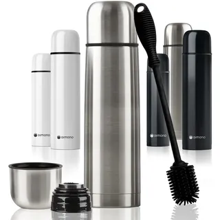Edelstahl Thermosflasche mit Becher & Bürste; Thermoskanne Doppelwandige Isolierkanne; Auslaufsicher, Spülmaschinenfest & BPA-frei + Reinigungsbürste; hält Getränke heiß & kalt (Silber - 500 ml)