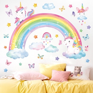 decalmile Wandtattoo Regenbogen Einhorn Kinderzimmer Wandaufkleber Schmetterlinge Wolken Sterne Wandsticker Mädchen Schlafzimmer Babyzimmer Kinderzimmer Wanddeko