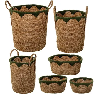 Set mit 6 Körben aus Seegras und natürlicher Baumwolle, grün Ø 40 x 47 + Ø 34 x 42 + Ø 28 x 37 + 34 x 25 x 16 cm