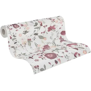 A.S. Création PintWalls Vliestapete mit Blumen-Motiv im Landhausstil 0,53 x 10,05 m – Grün, Rot, Weiß – Tapete mit Blätter-Motiv - 397461