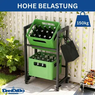 DanDiBo Getränkekistenregal 2 Kisten mit Gitter Haken Rollen Schmal Metall Schwarz 96649 Getränkeregal Kistenregal Getränke Regal Behälter - Schwarz