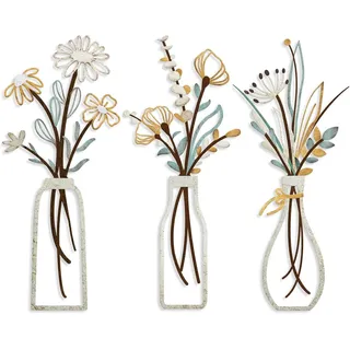 SUNAIAD Wanddeko Wohnzimmer Metall Blumen Küche Wanddekoration, 3 Stück Bunte Metallbilder Wanddekoration Wohnzimmer Schlafzimmer Küche Flur, Moderne Wandkunst Badezimmer Schlafzimmer Dekorationen
