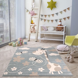 Vimoda Kinderteppiche Giraffe mit Schmetterling und Blumen | Kinderteppich für Mädchen und Jungs | Teppich für Kinderzimmer Blau | Schadstofffrei Kinderzimmerteppiche (Öko-Tex), Maße:120x170 cm